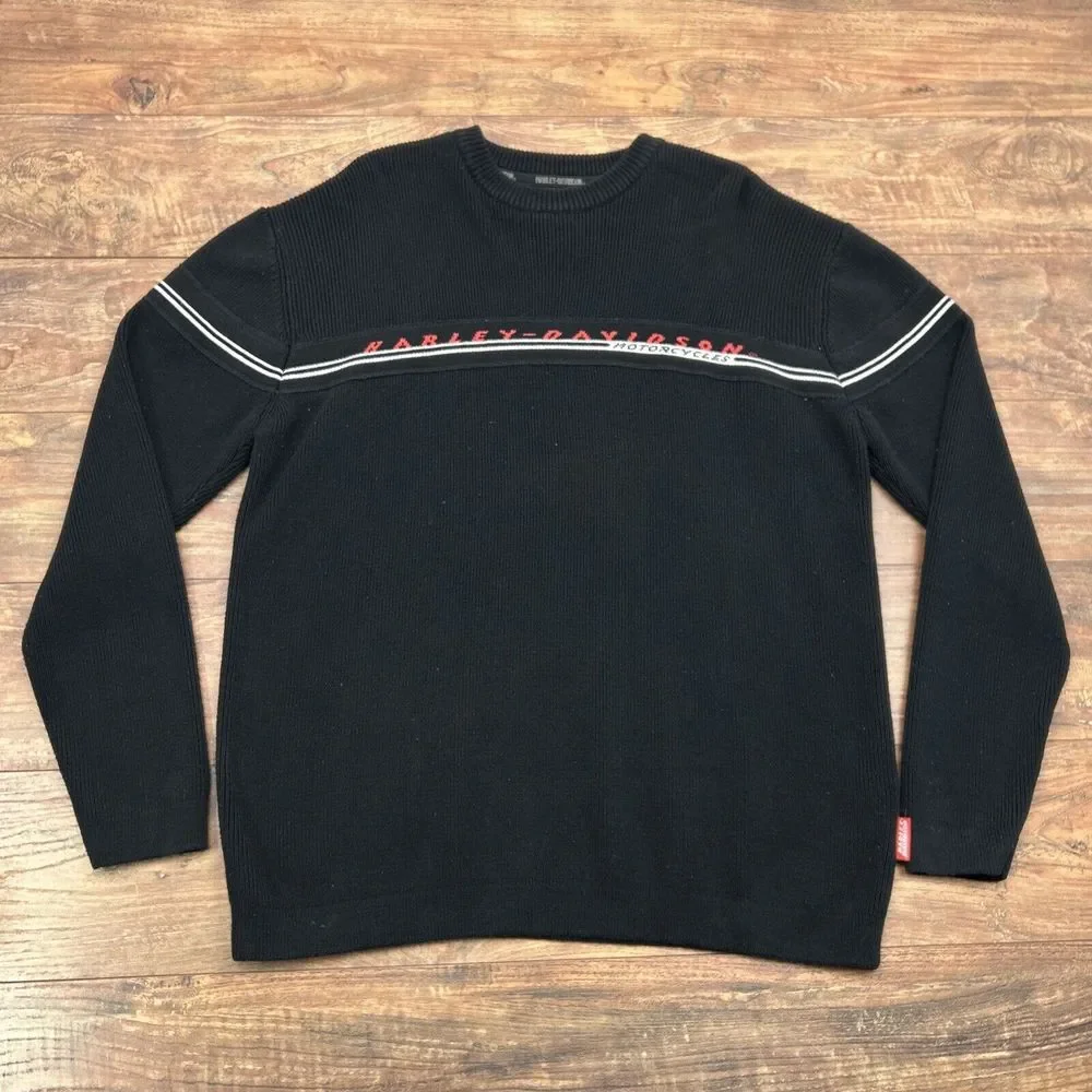 Harley Davidson‎ Knit Sweater Men L Black Red Spellout Pullover Crewneck Y2K Vtg